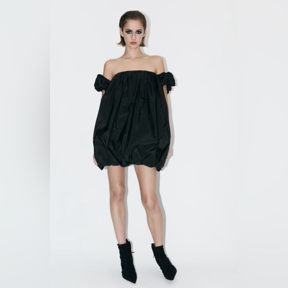 NWT ZARA Off Shoulder TAFFETA Black Mini Dress Balloon Dress Small With Lining - Picture 1 of 11